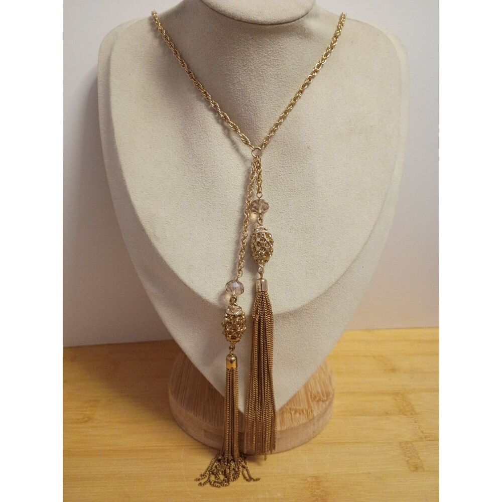 Vintage Ann Taylor Statement Necklace is a Gold Tone Lariat with a Double Tassel